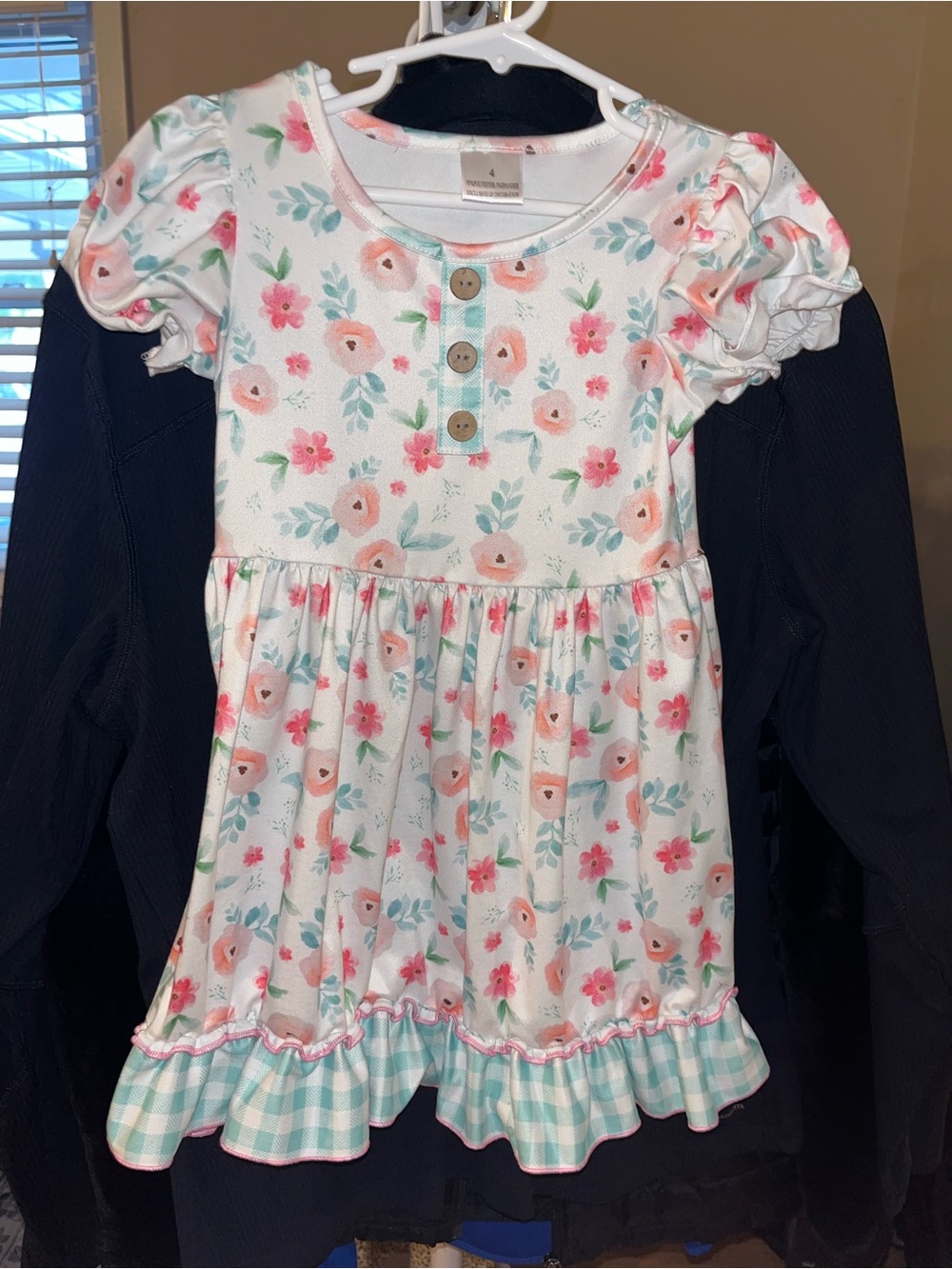 Girls' White Floral Casual Ruffle Dress with Mint Trim